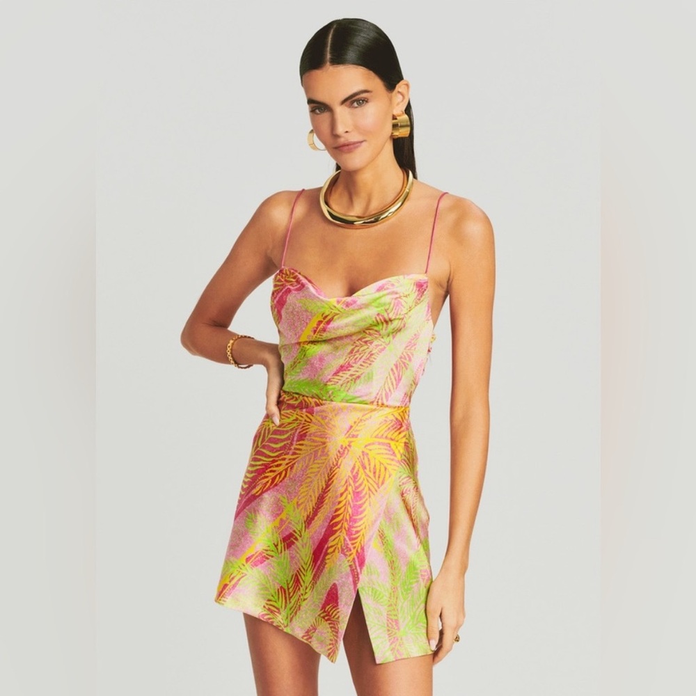 Retrofete Ariella Pink and Green Tropical Silk Mini Dress